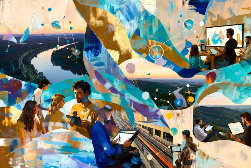 A Grok AI-rendered interpretation of the WestXDC tech-creative fusion initiative in NOVA - complete with orange/blue/yellow/silver line metro polishing.