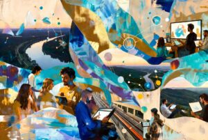 A Grok AI-rendered interpretation of the WestXDC tech-creative fusion initiative in NOVA - complete with orange/blue/yellow/silver line metro polishing.